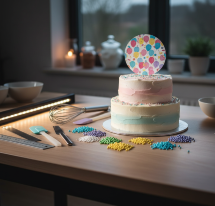 Verjaardagstaart met eetbare print en gekleurde decoraties onder neutraal LED-werklicht op een keukentafel.