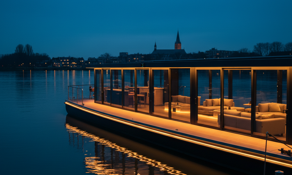 Feestboot aan de Eem met warm LED-licht in de salon en subtiele verlichting langs het dek.