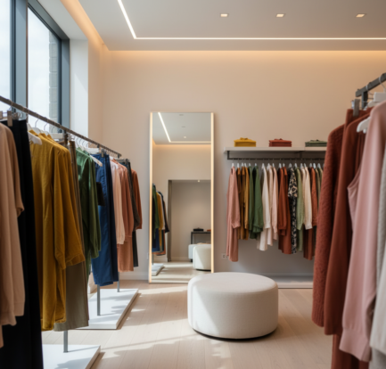 Kinderkleding wordt in een paskamer onder neutraal LED-licht en daglicht op kleur en pasvorm bekeken.